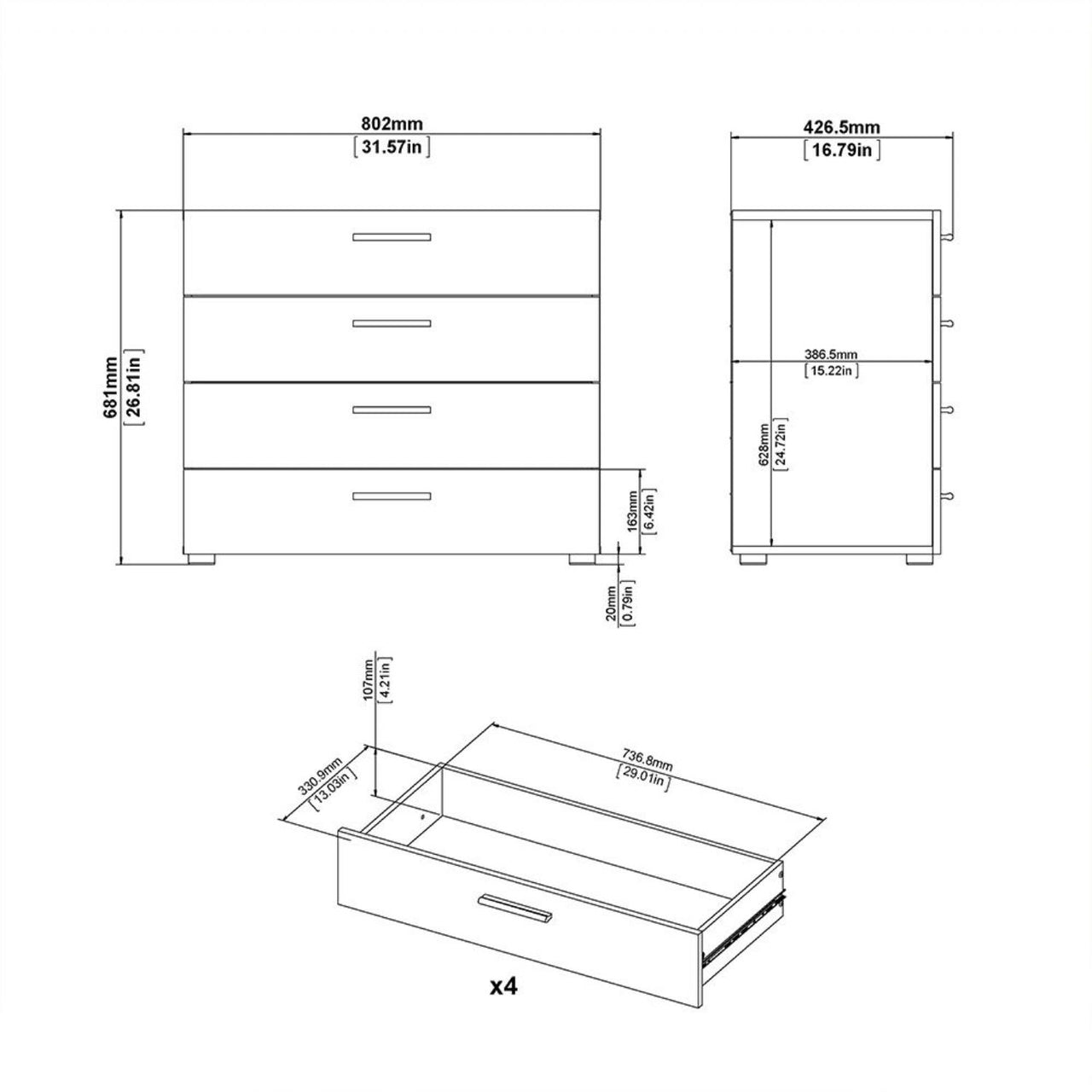 Pepe Package Bedside 2 Drawers + Chest of 4 Drawers + Wardrobe with 2 doors in Black