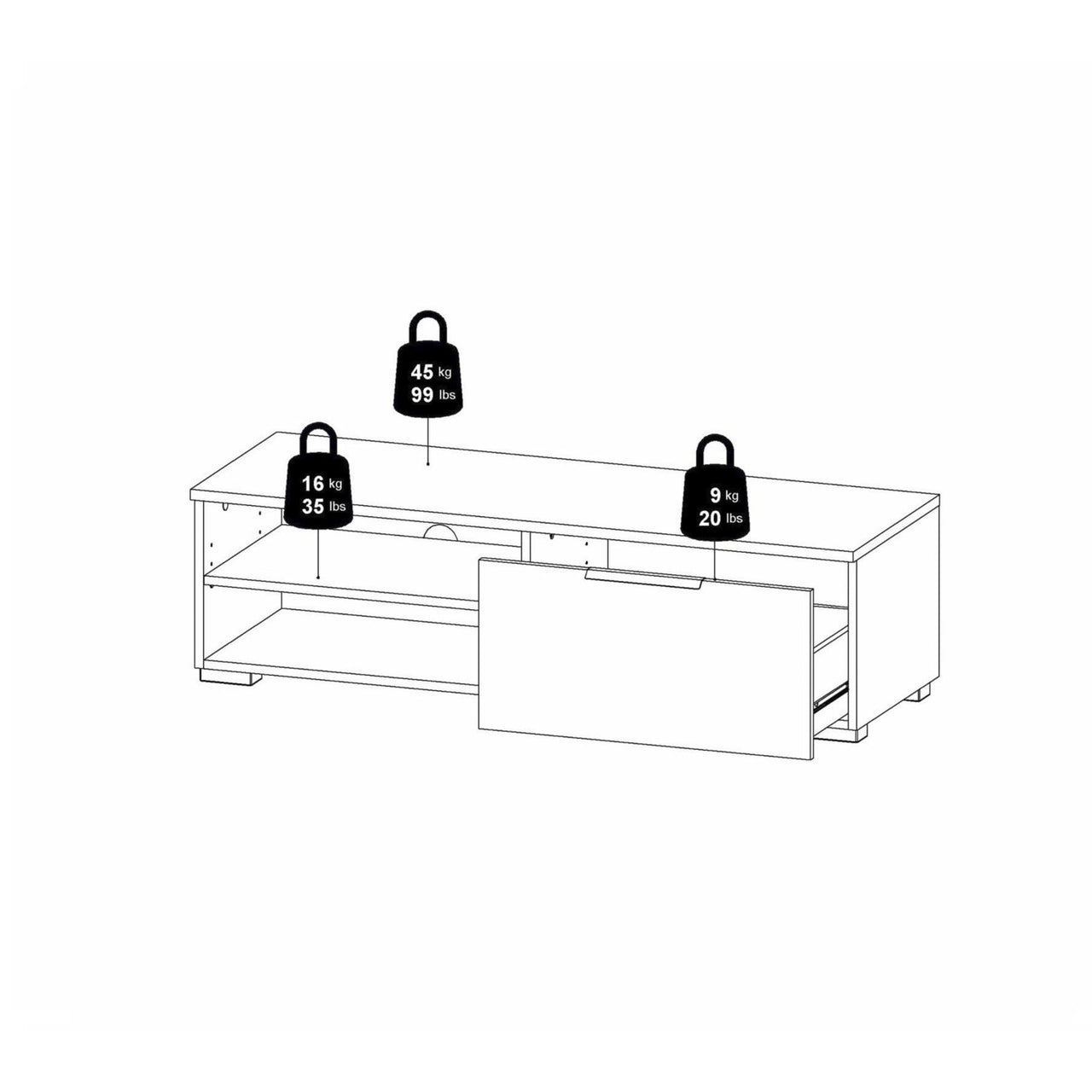 Large TV Media Unit 1 Drawers 2 Shelf White High Gloss 116cm Wide