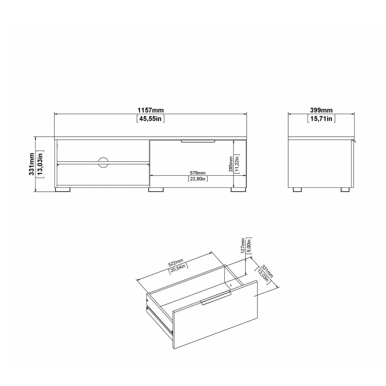 Large TV Media Unit 1 Drawers 2 Shelf White High Gloss 116cm Wide