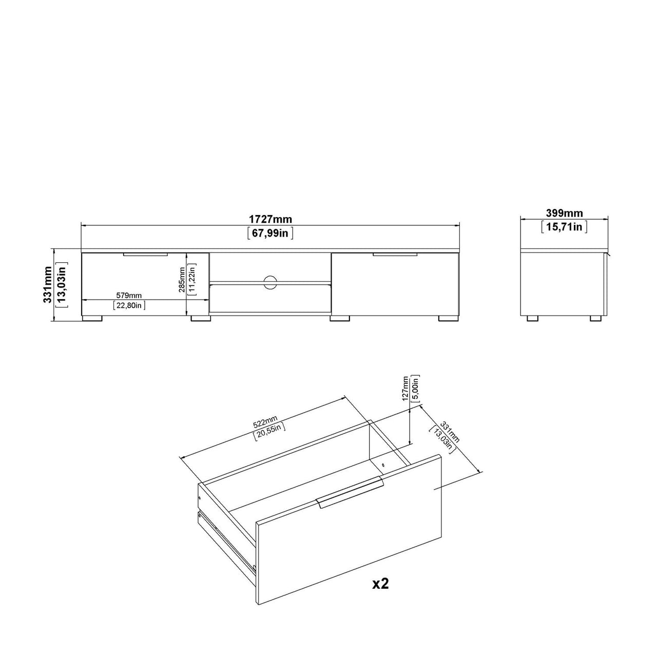 White High Gloss Low Wide 2 Drawer TV Media Unit 33.1 x 172.7cm