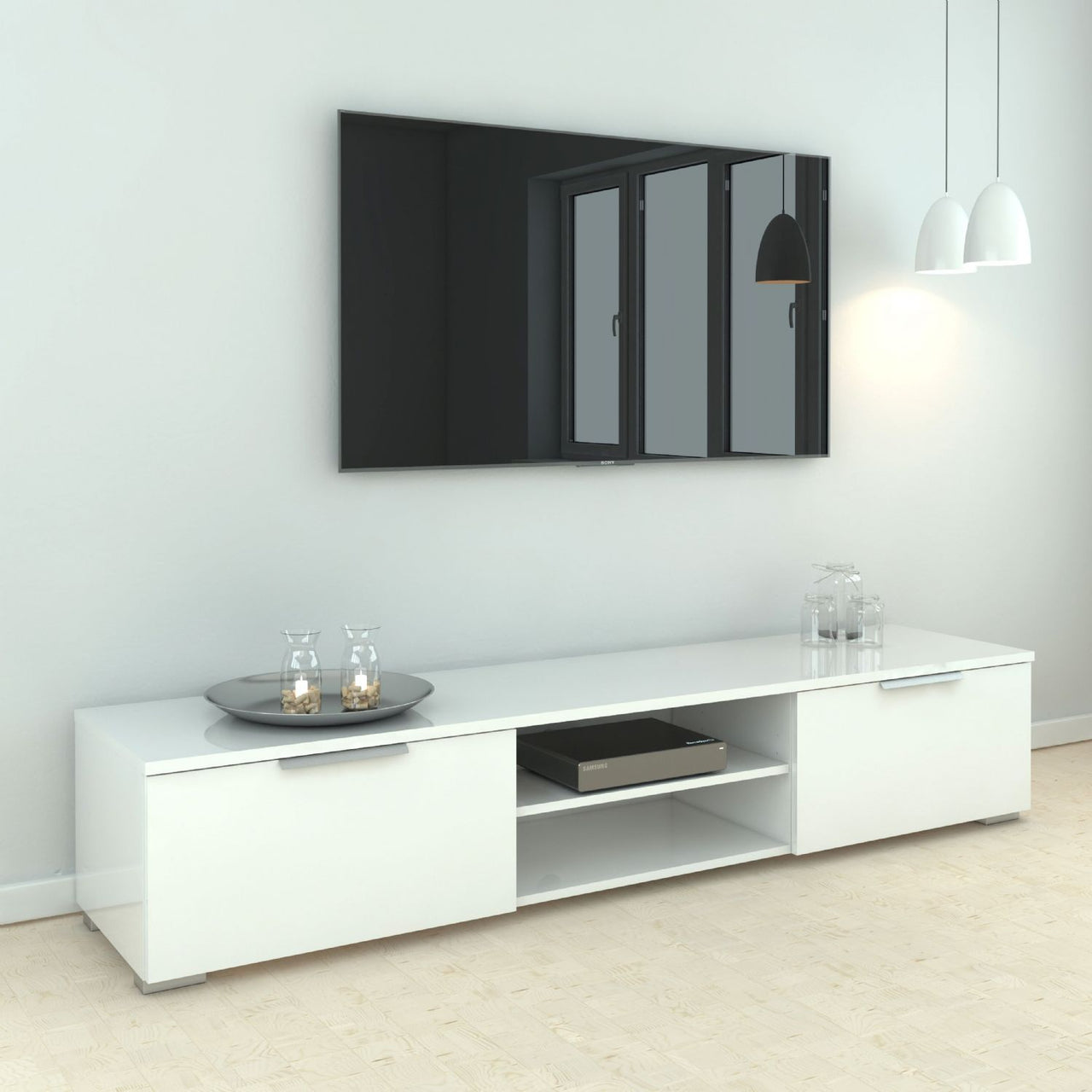 White High Gloss Low Wide 2 Drawer TV Media Unit 33.1 x 172.7cm