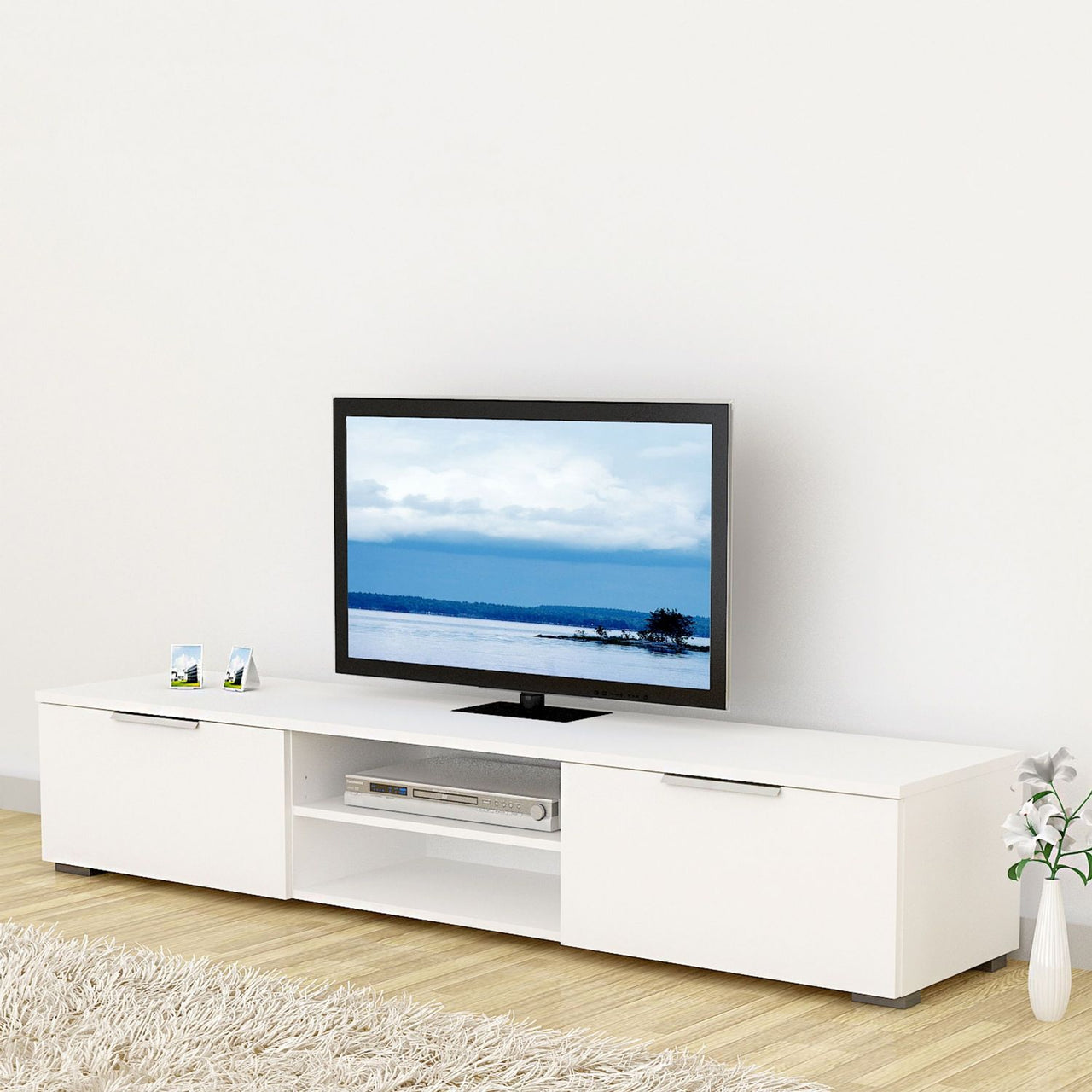 White High Gloss Low Wide 2 Drawer TV Media Unit 33.1 x 172.7cm