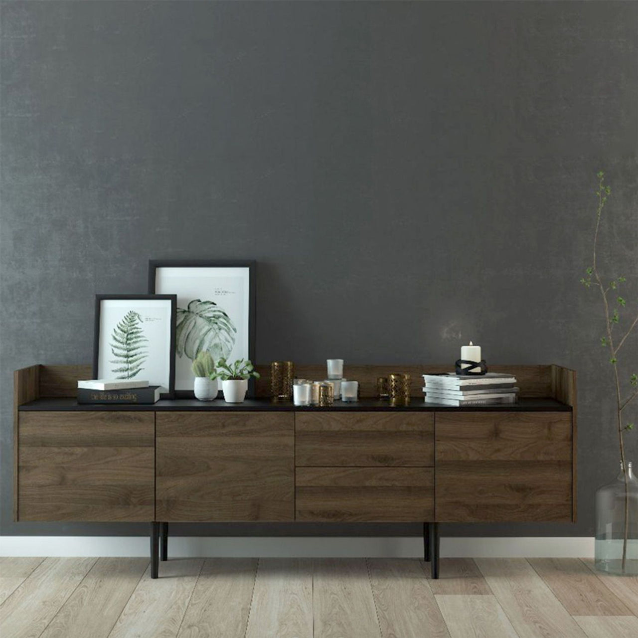 Large Wide Walnut and Black 3 Door Sideboard