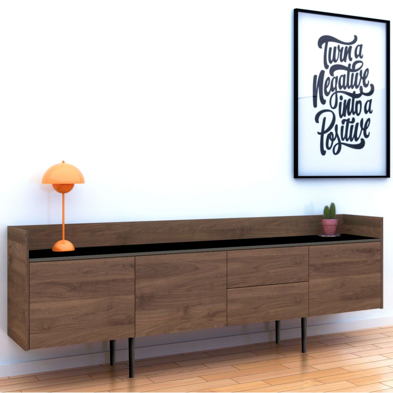 Large Wide Walnut and Black 3 Door Sideboard