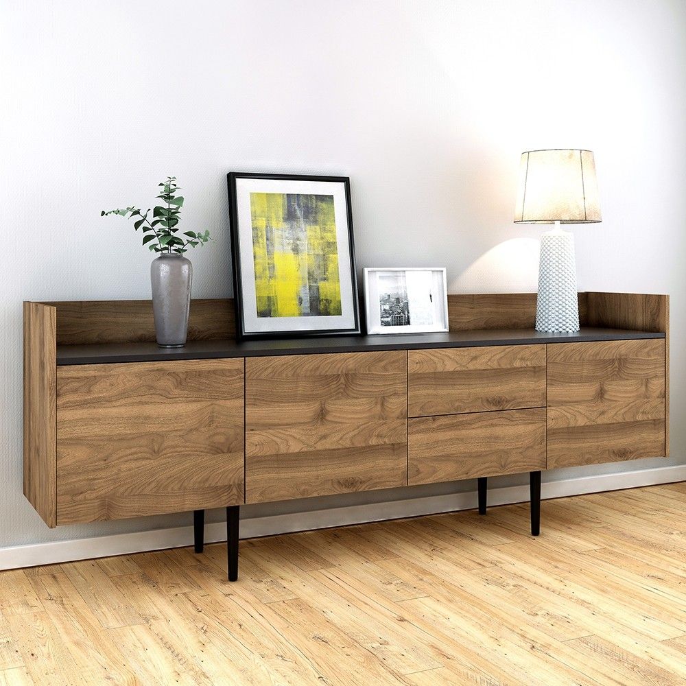 Large Wide Walnut and Black 3 Door Sideboard