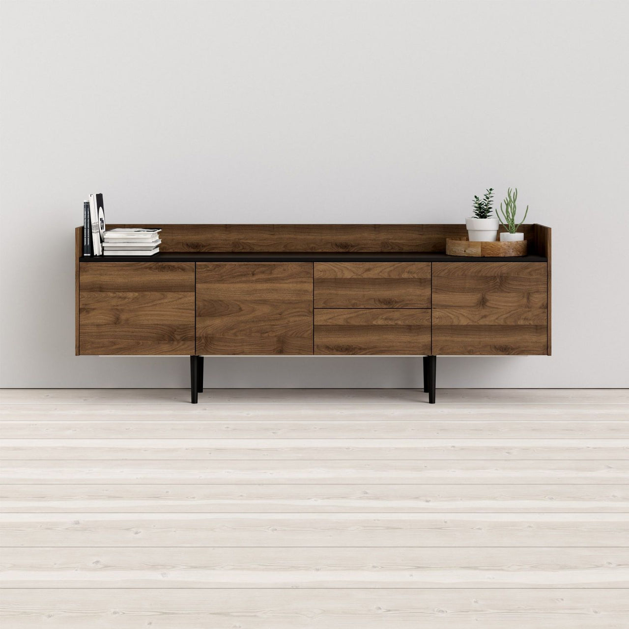 Large Wide Walnut and Black 3 Door Sideboard