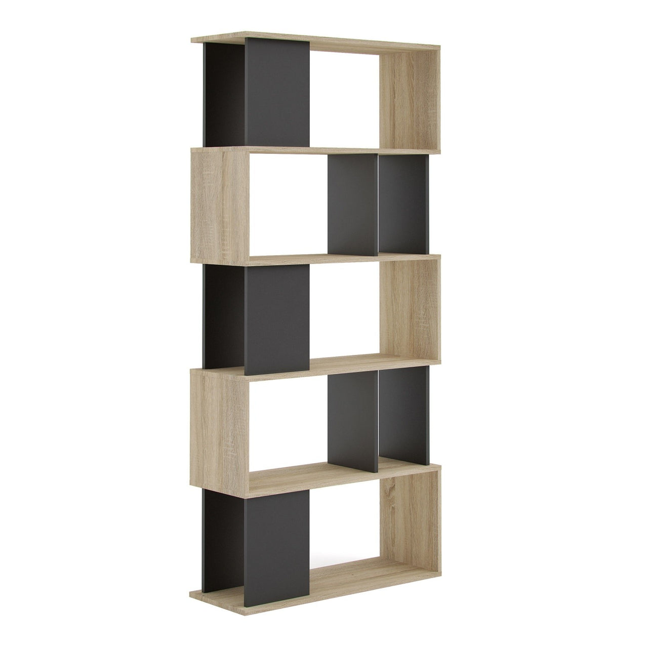 2 Tone Oak and Black Asymmetrical Mid Century Tall Open Bookcase