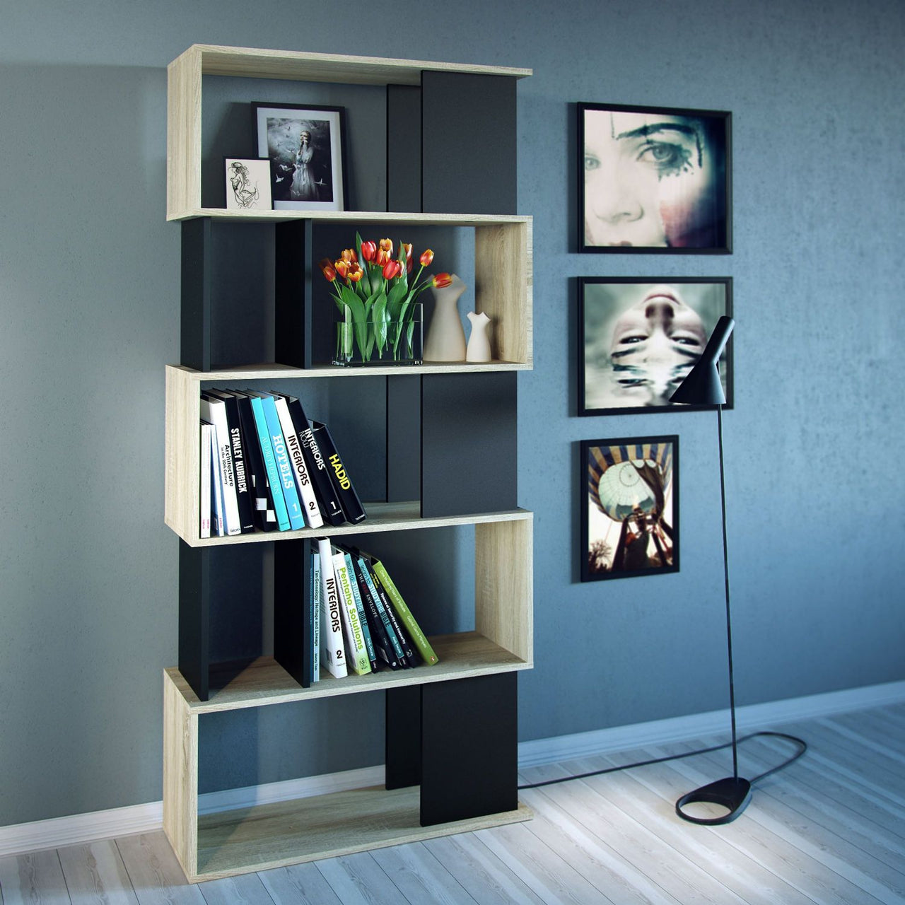 2 Tone Oak and Black Asymmetrical Mid Century Tall Open Bookcase