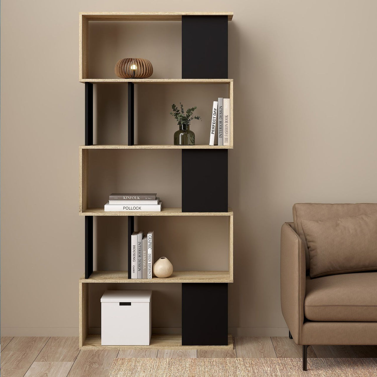 2 Tone Oak and Black Asymmetrical Mid Century Tall Open Bookcase