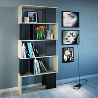 Thumbnail for 2 Tone Oak and Black Asymmetrical Mid Century Tall Open Bookcase