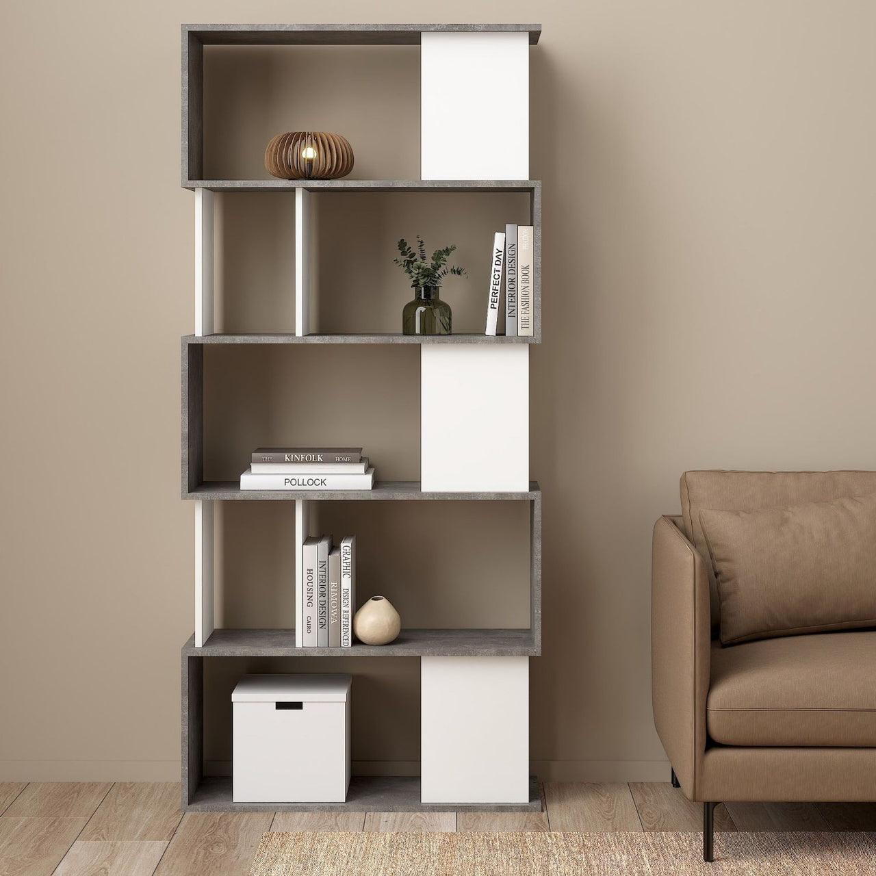 Maze Open Bookcase 4 Shelves in Concrete and White