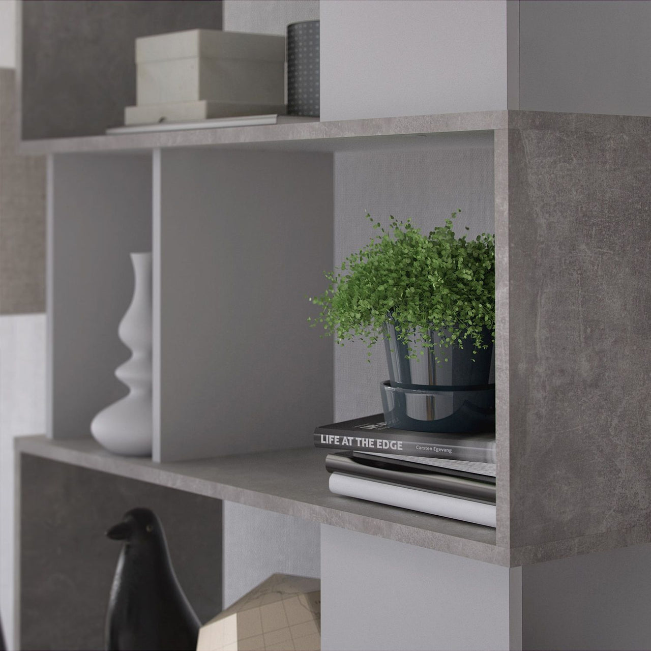 Maze Open Bookcase 4 Shelves in Concrete and White