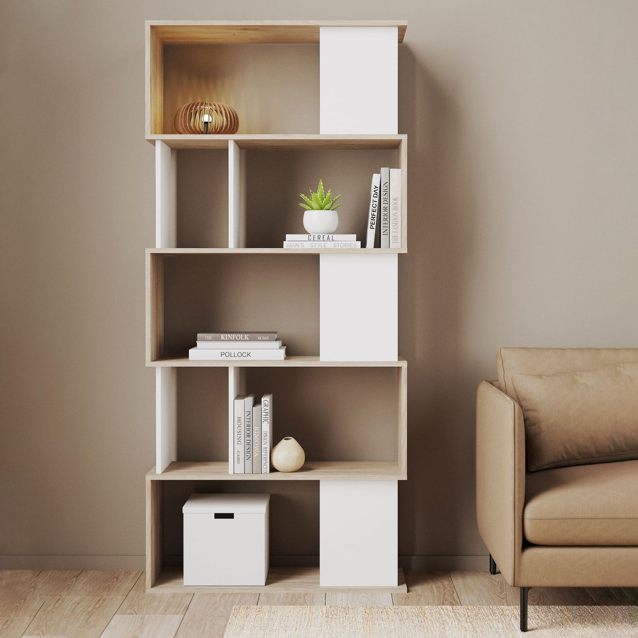 Maze Open Bookcase 4 Shelves in Jackson Hickory Oak and White