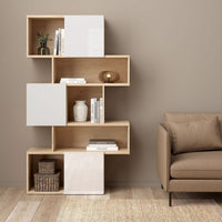 Thumbnail for Maze Asymmetrical Bookcase with 3 Doors in Jackson Hickory and White High Gloss