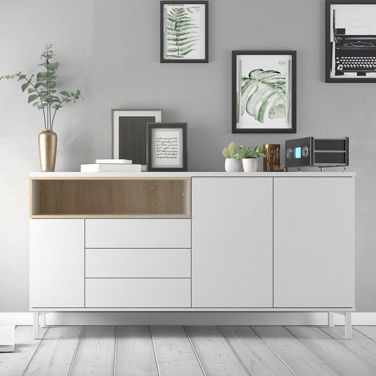 White and Oak Large Wide Sideboard 3 Drawers