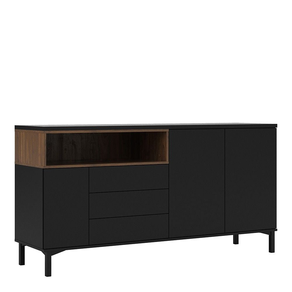 Industrial Wide Walnut Matt Black 3 Door 3 Drawer Sideboard