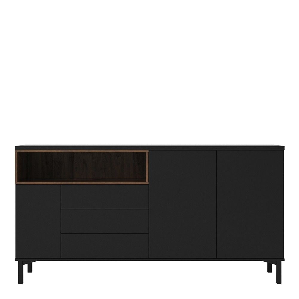 Industrial Wide Walnut Matt Black 3 Door 3 Drawer Sideboard