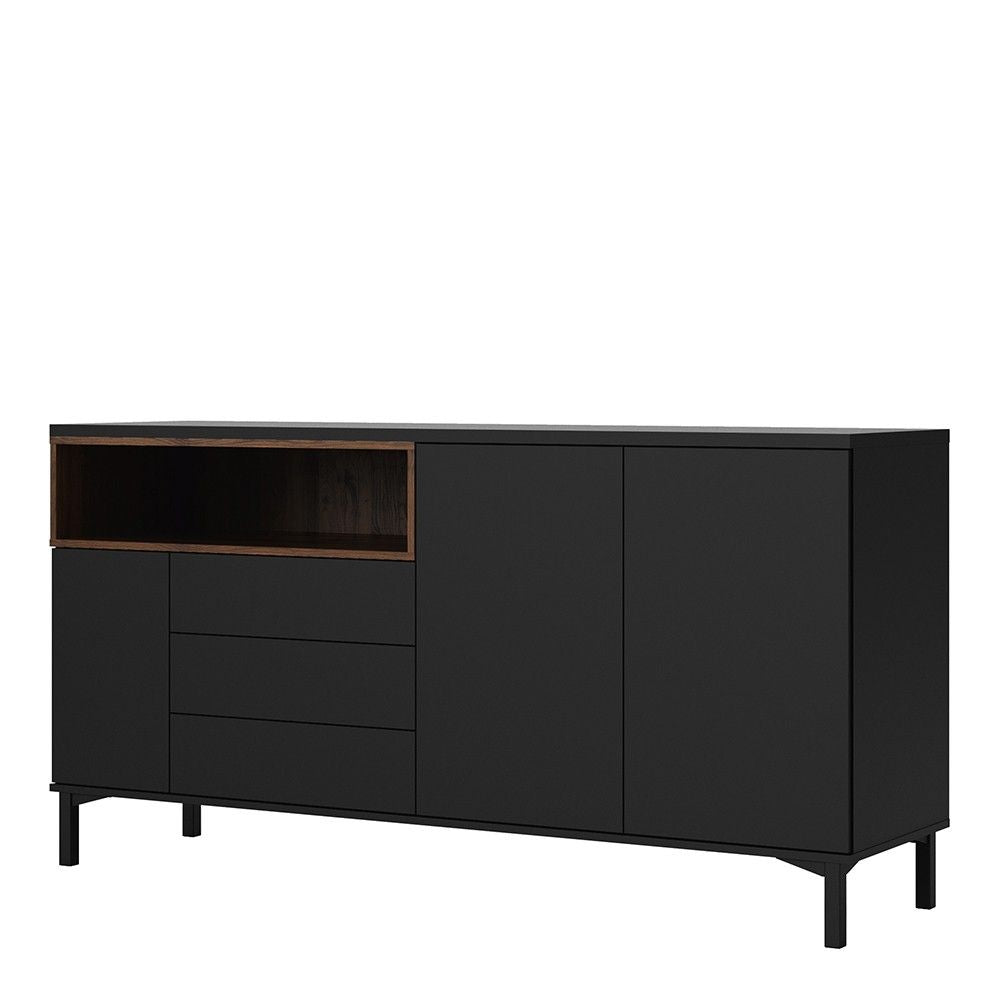 Industrial Wide Walnut Matt Black 3 Door 3 Drawer Sideboard