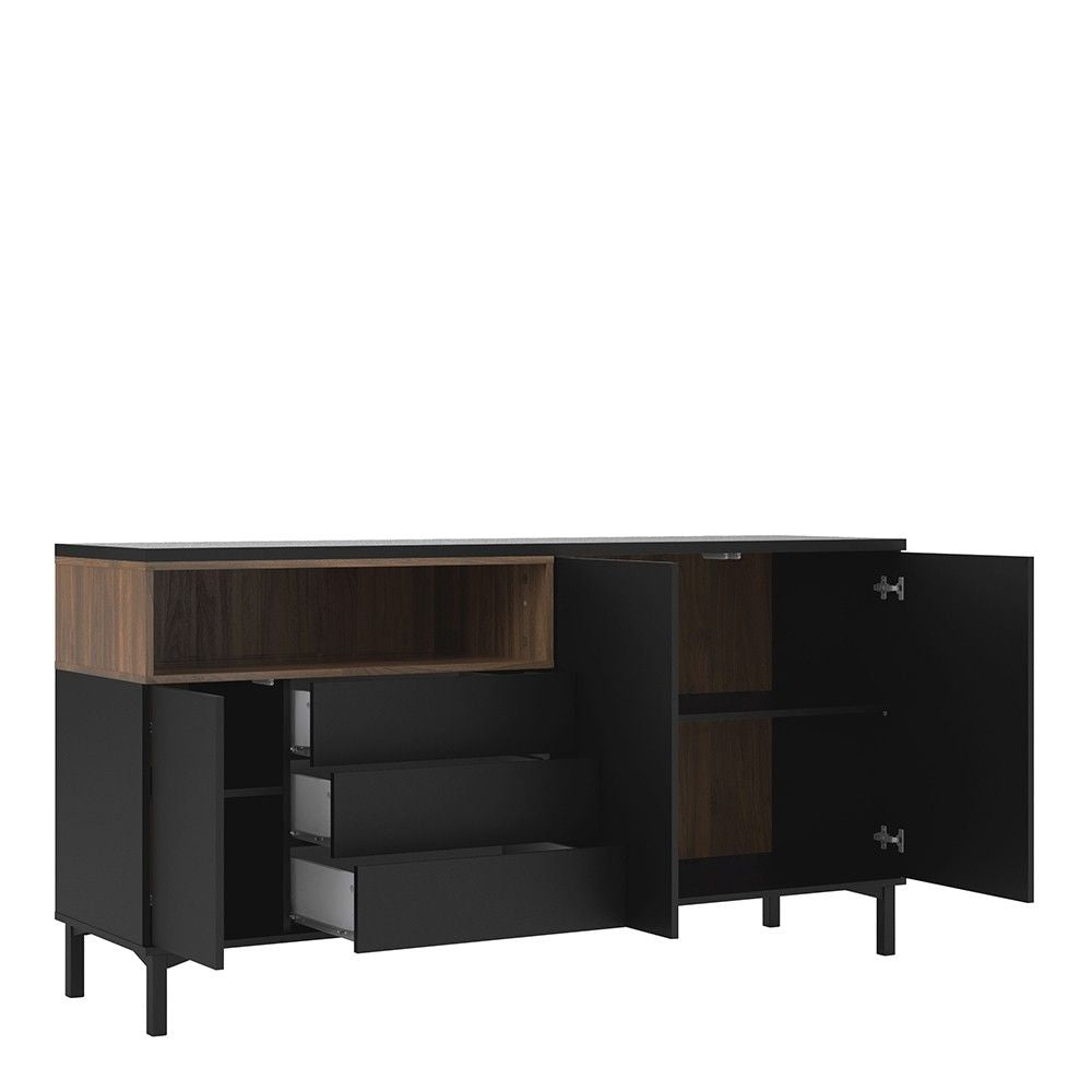 Industrial Wide Walnut Matt Black 3 Door 3 Drawer Sideboard