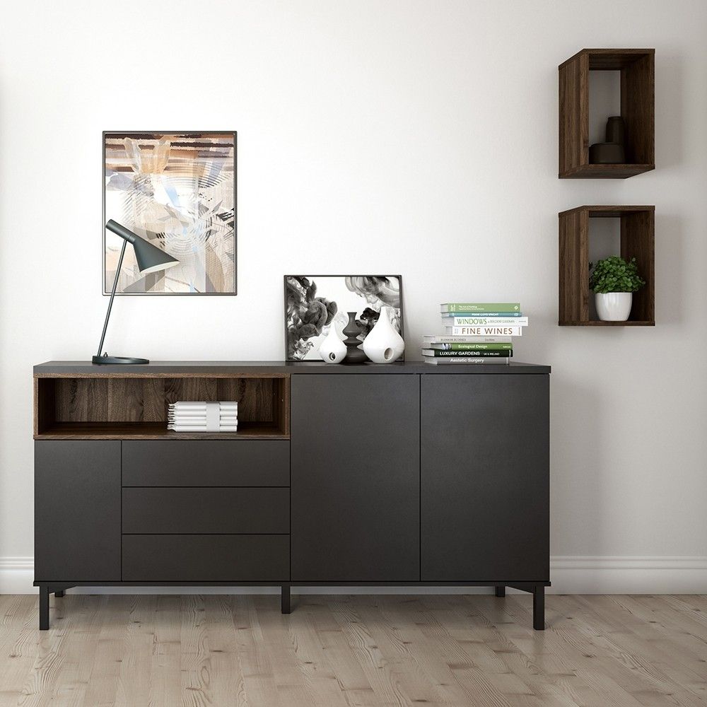 Industrial Wide Walnut Matt Black 3 Door 3 Drawer Sideboard