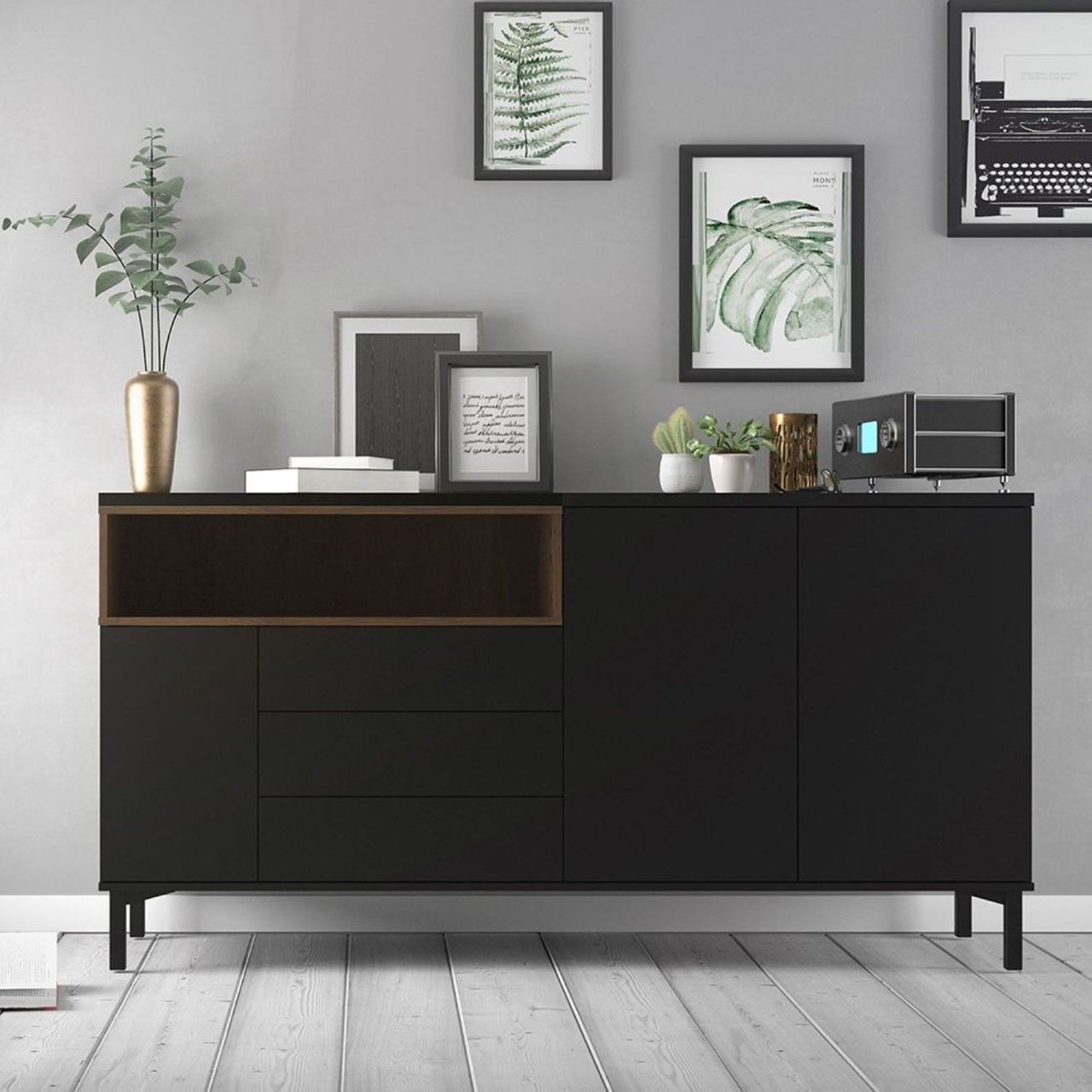 Industrial Wide Walnut Matt Black 3 Door 3 Drawer Sideboard