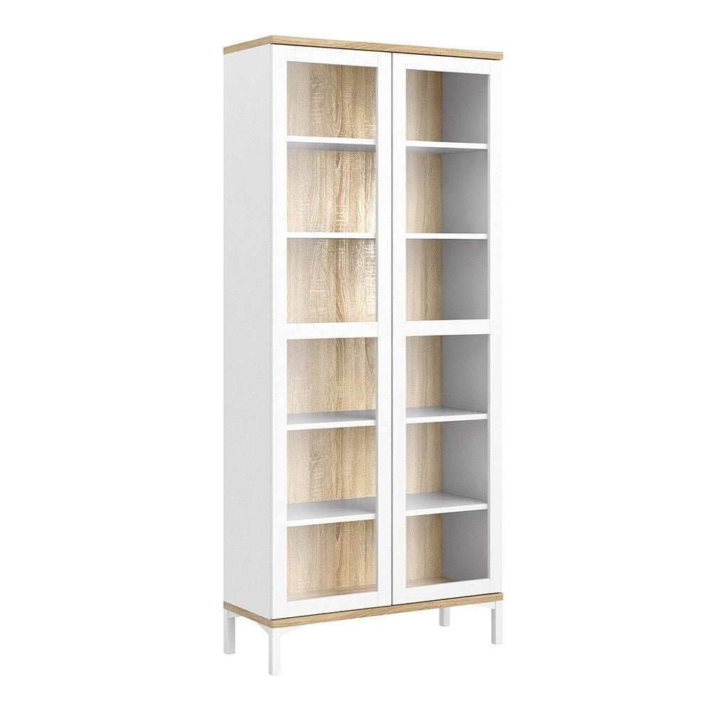 White and Medium Oak Glazed Double Glass Display 2 Door Cabinet