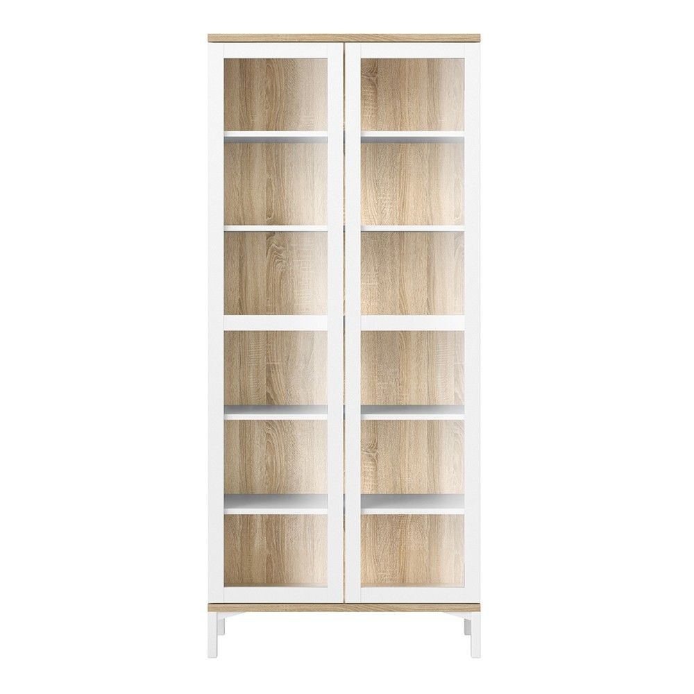 White and Medium Oak Glazed Double Glass Display 2 Door Cabinet