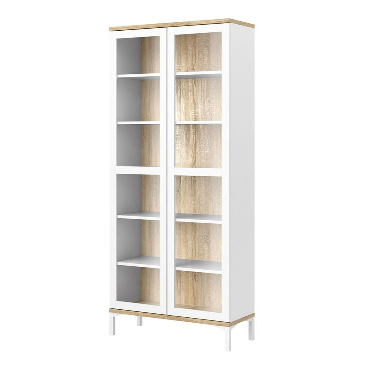 White and Medium Oak Glazed Double Glass Display 2 Door Cabinet