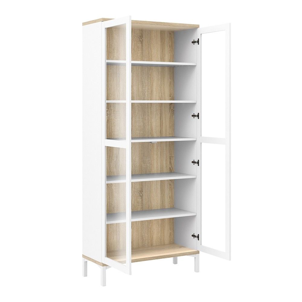 White and Medium Oak Glazed Double Glass Display 2 Door Cabinet