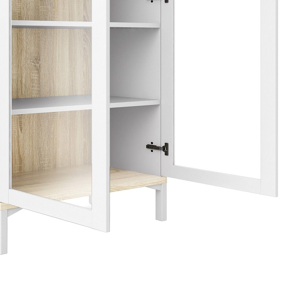 White and Medium Oak Glazed Double Glass Display 2 Door Cabinet