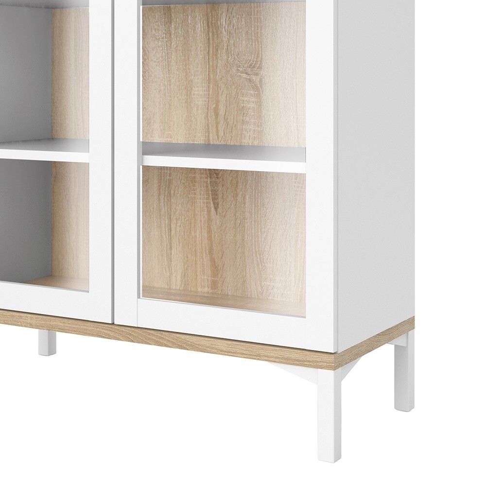 White and Medium Oak Glazed Double Glass Display 2 Door Cabinet