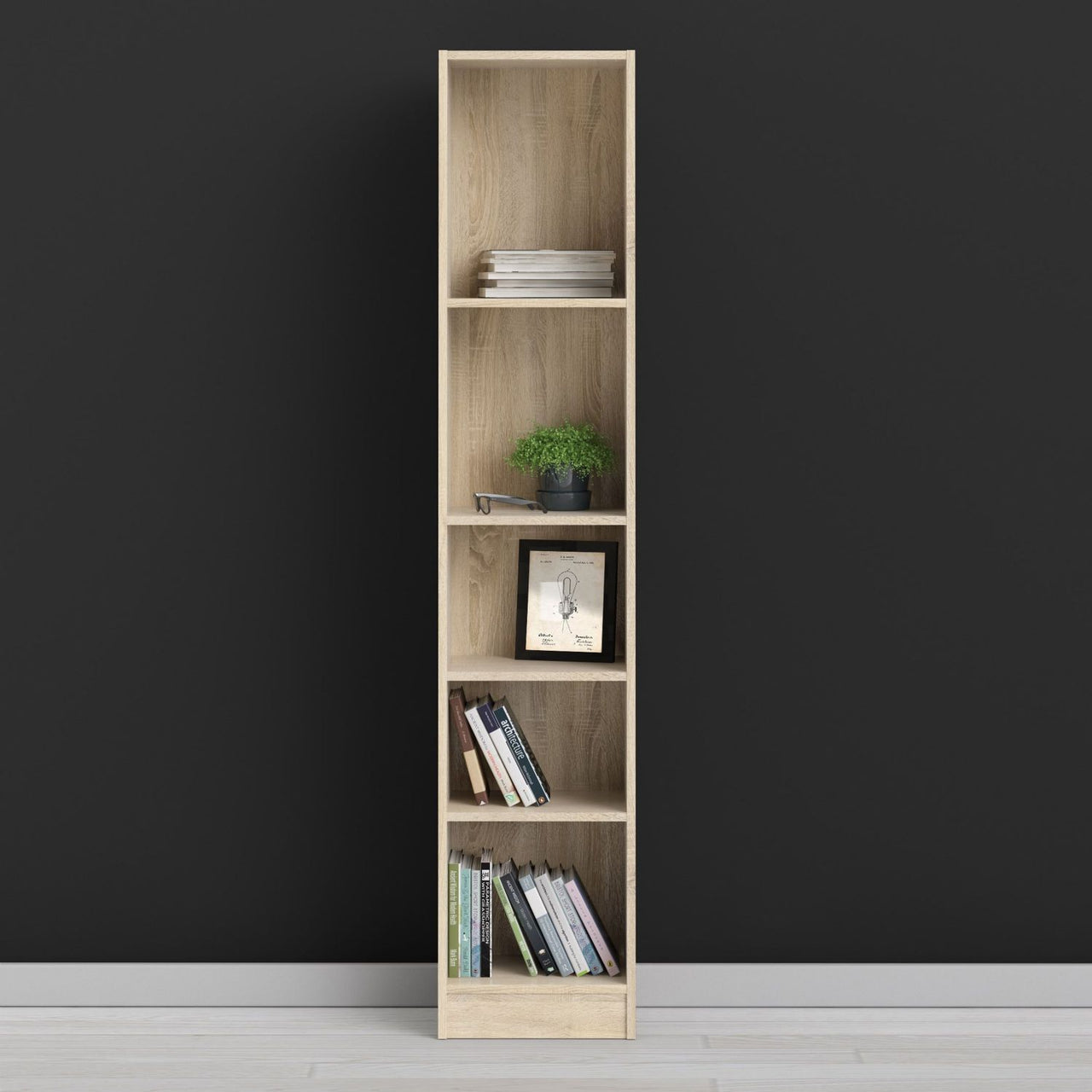 Basic Tall Narrow Oak Finish 4 Shelf Open Bookcase