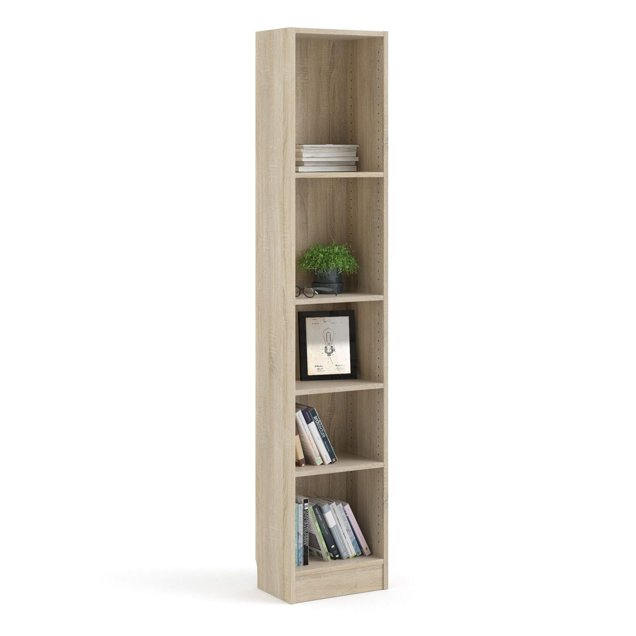 Basic Tall Narrow Oak Finish 4 Shelf Open Bookcase