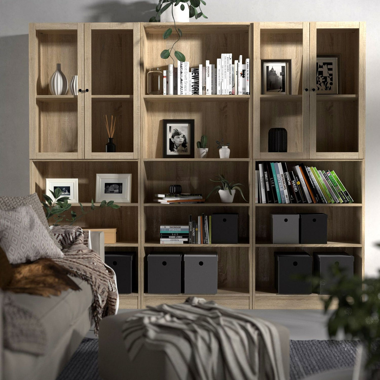 Oak Finish Simple Tall Wide Open Bookcase 4 Shelves