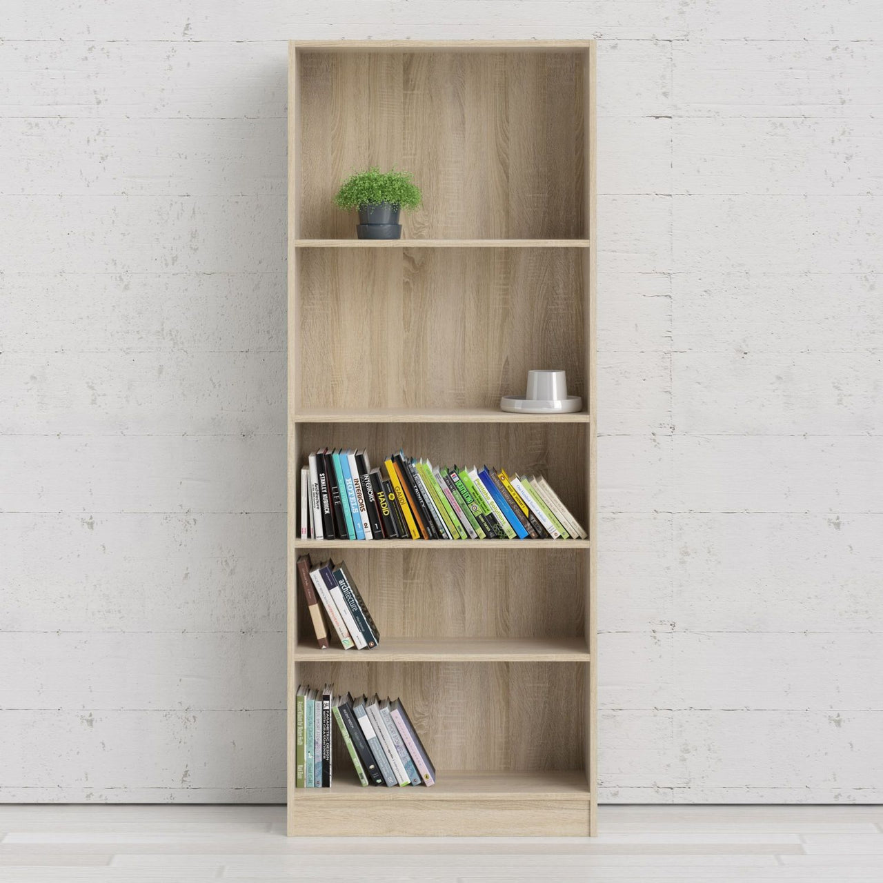 Oak Finish Simple Tall Wide Open Bookcase 4 Shelves