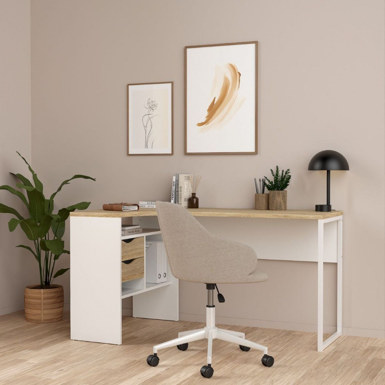 White and Oak 2 Drawer Office Study Desk