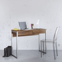 Thumbnail for Walnut Slim 2 Drawer Office Study Desk With Silver Metal Legs