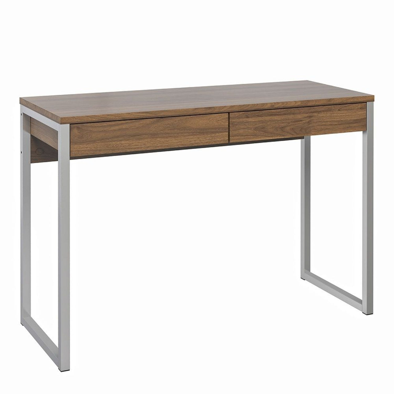 Walnut Slim 2 Drawer Office Study Desk With Silver Metal Legs