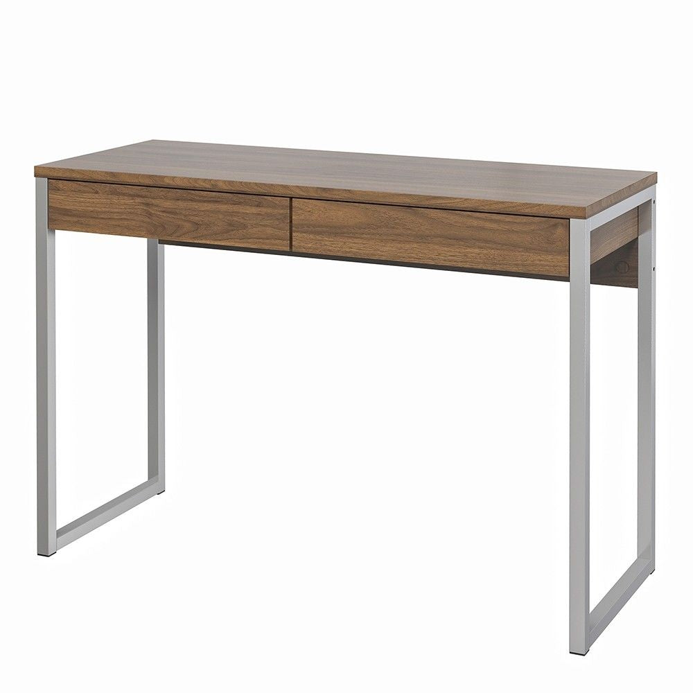 Walnut Slim 2 Drawer Office Study Desk With Silver Metal Legs