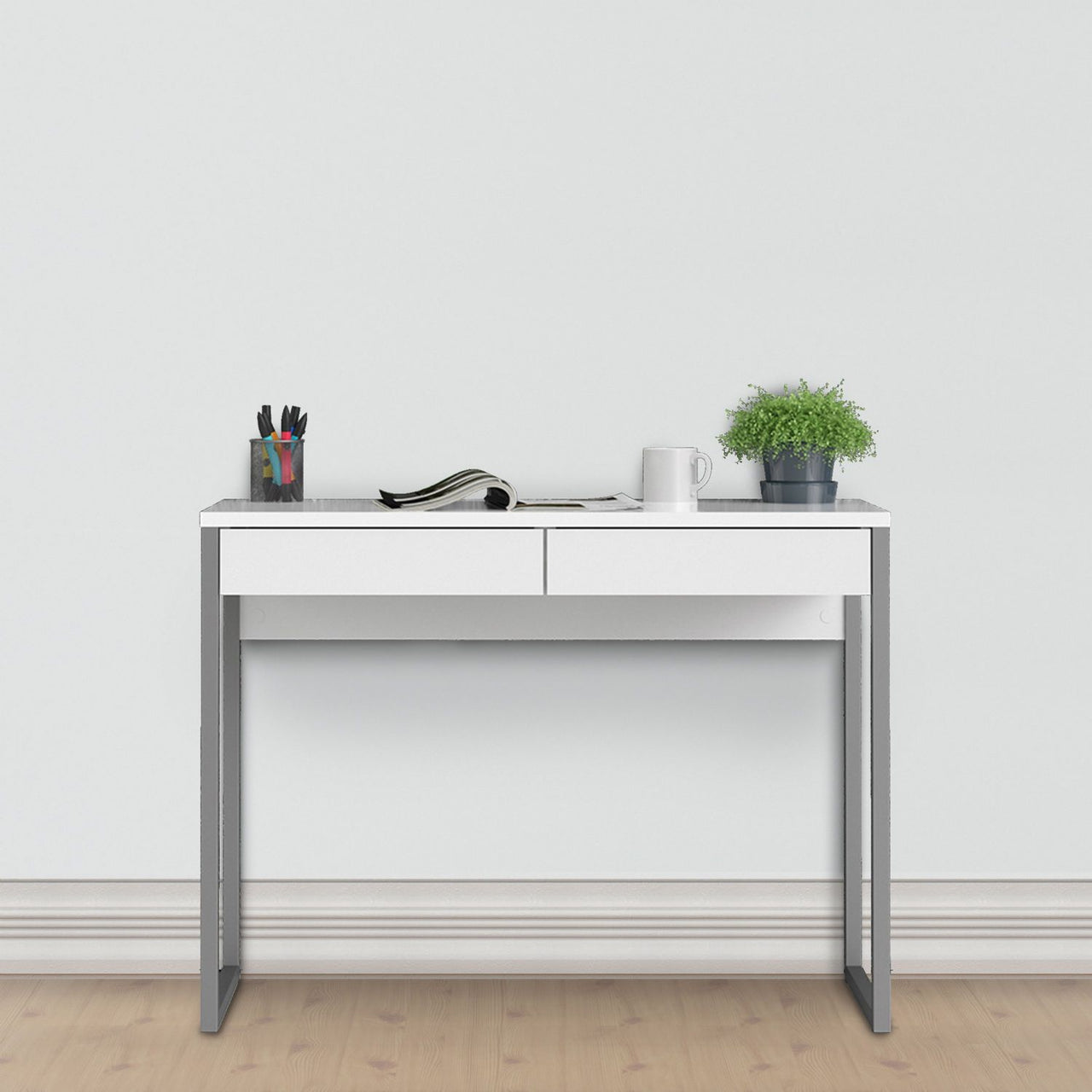 White Slim 2 Drawer Office Study Desk With Silver Metal Legs