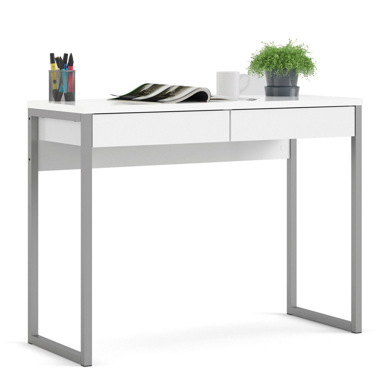 White Slim 2 Drawer Office Study Desk With Silver Metal Legs