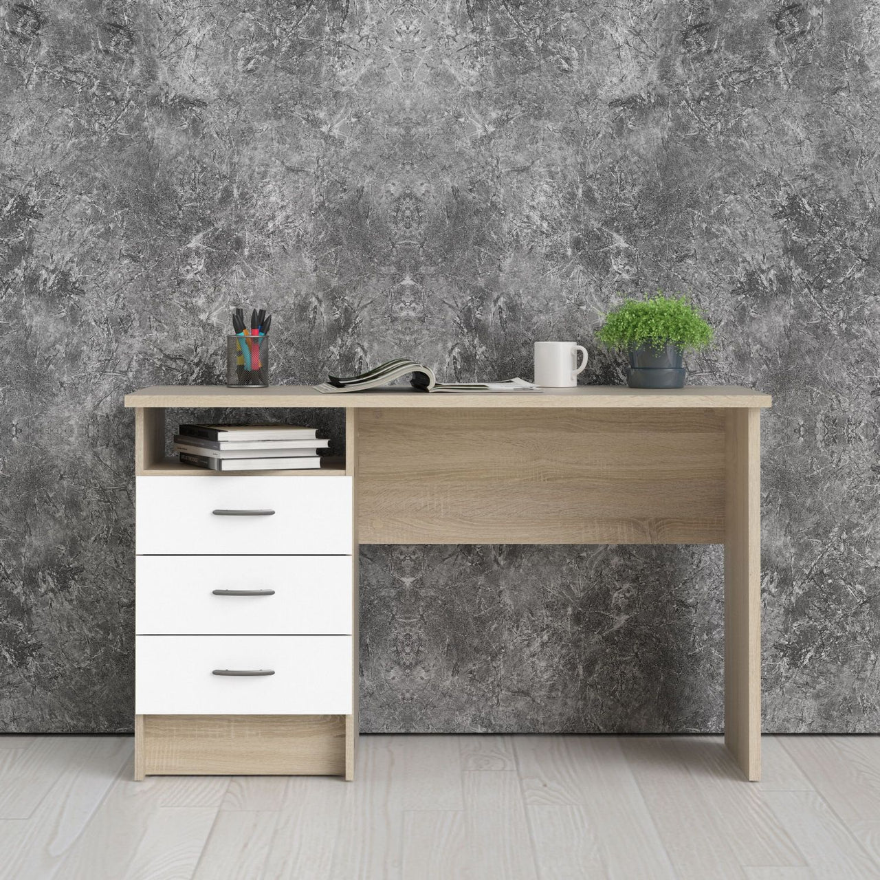 Function Plus Oak Desk 3 White Drawers