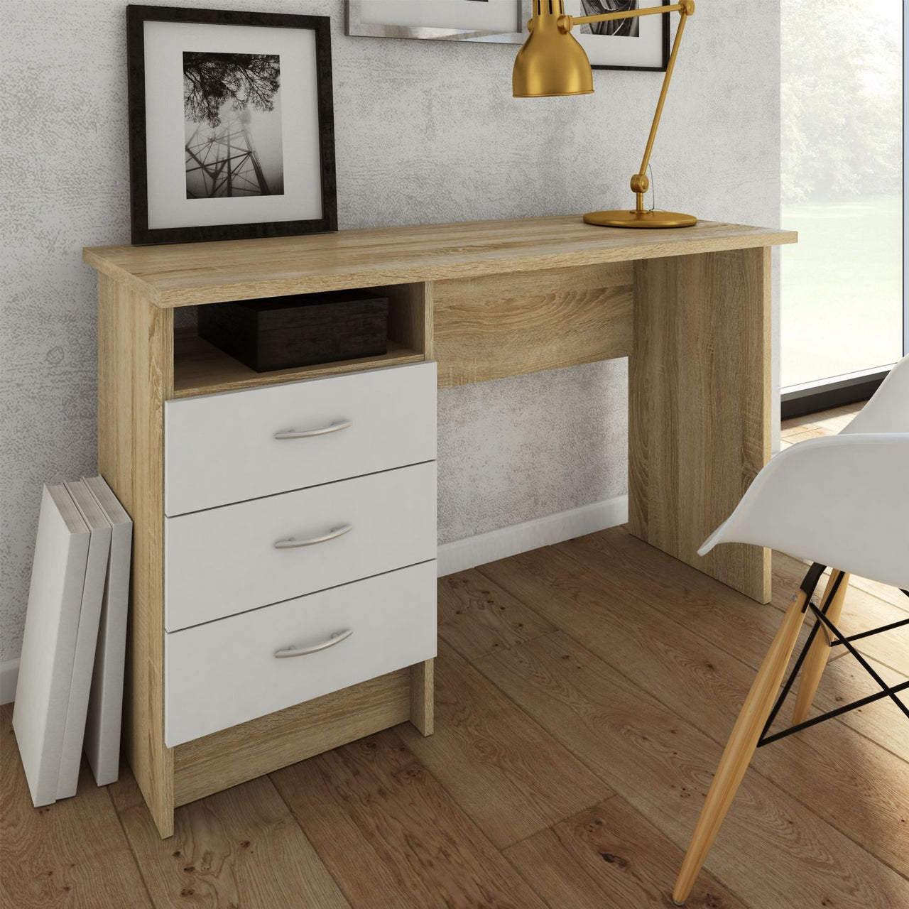 Function Plus Oak Desk 3 White Drawers