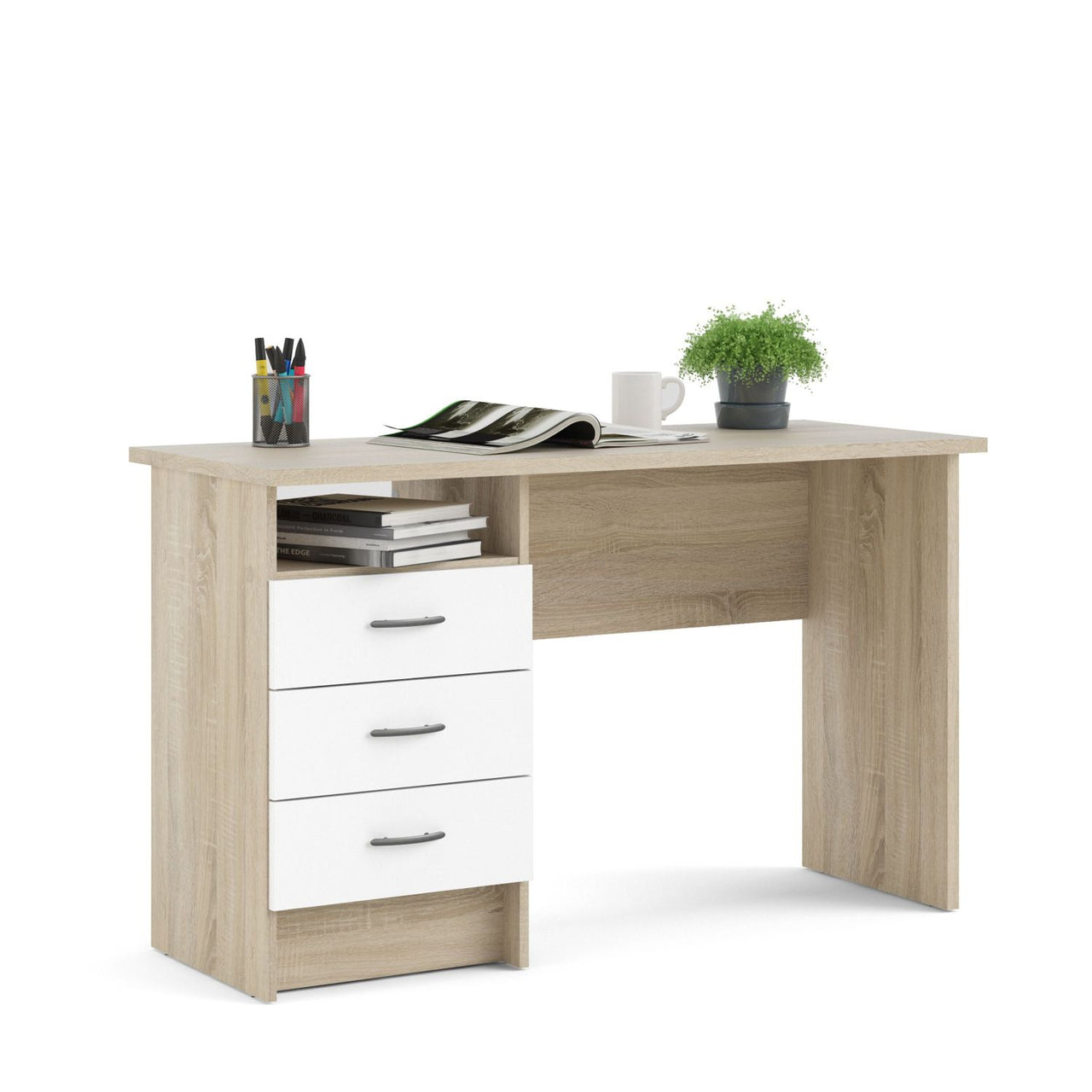 Function Plus Oak Desk 3 White Drawers