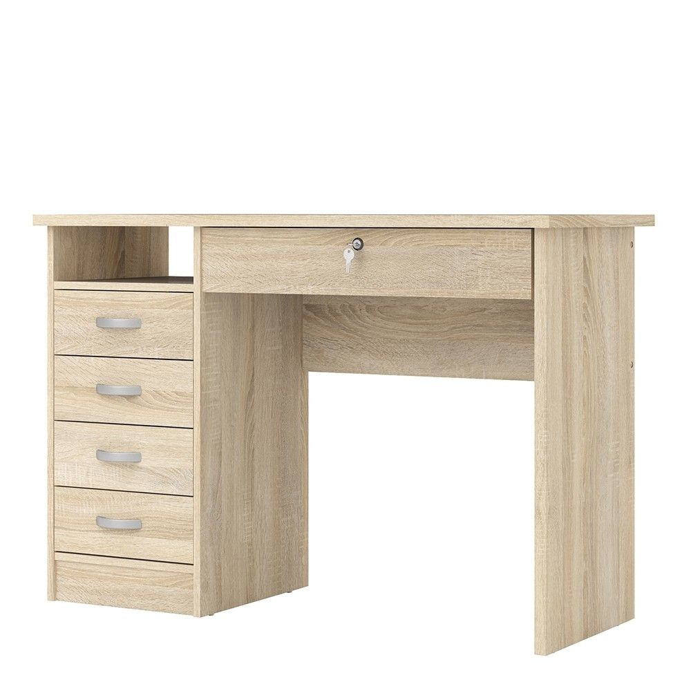 Small Lockable Oak 5 Drawer Office Study Desk With Metal Handles