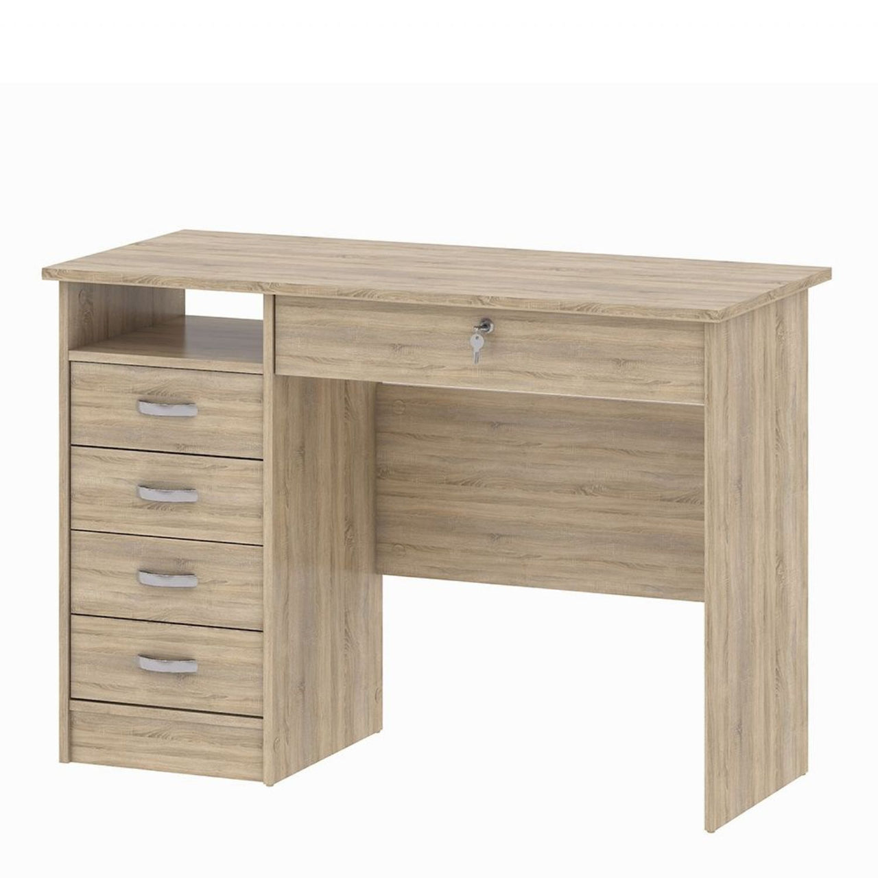 Small Lockable Oak 5 Drawer Office Study Desk With Metal Handles