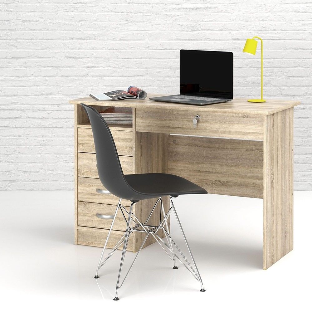 Small Lockable Oak 5 Drawer Office Study Desk With Metal Handles