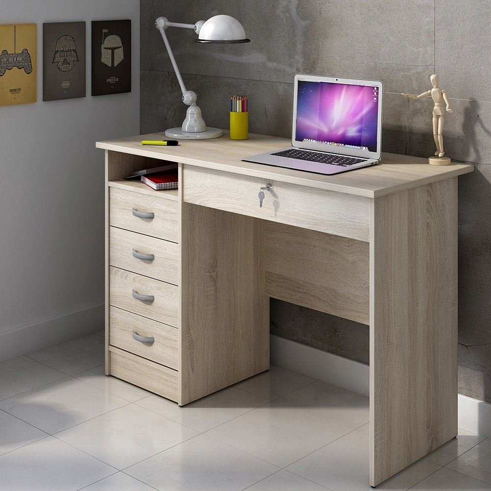 Small Lockable Oak 5 Drawer Office Study Desk With Metal Handles