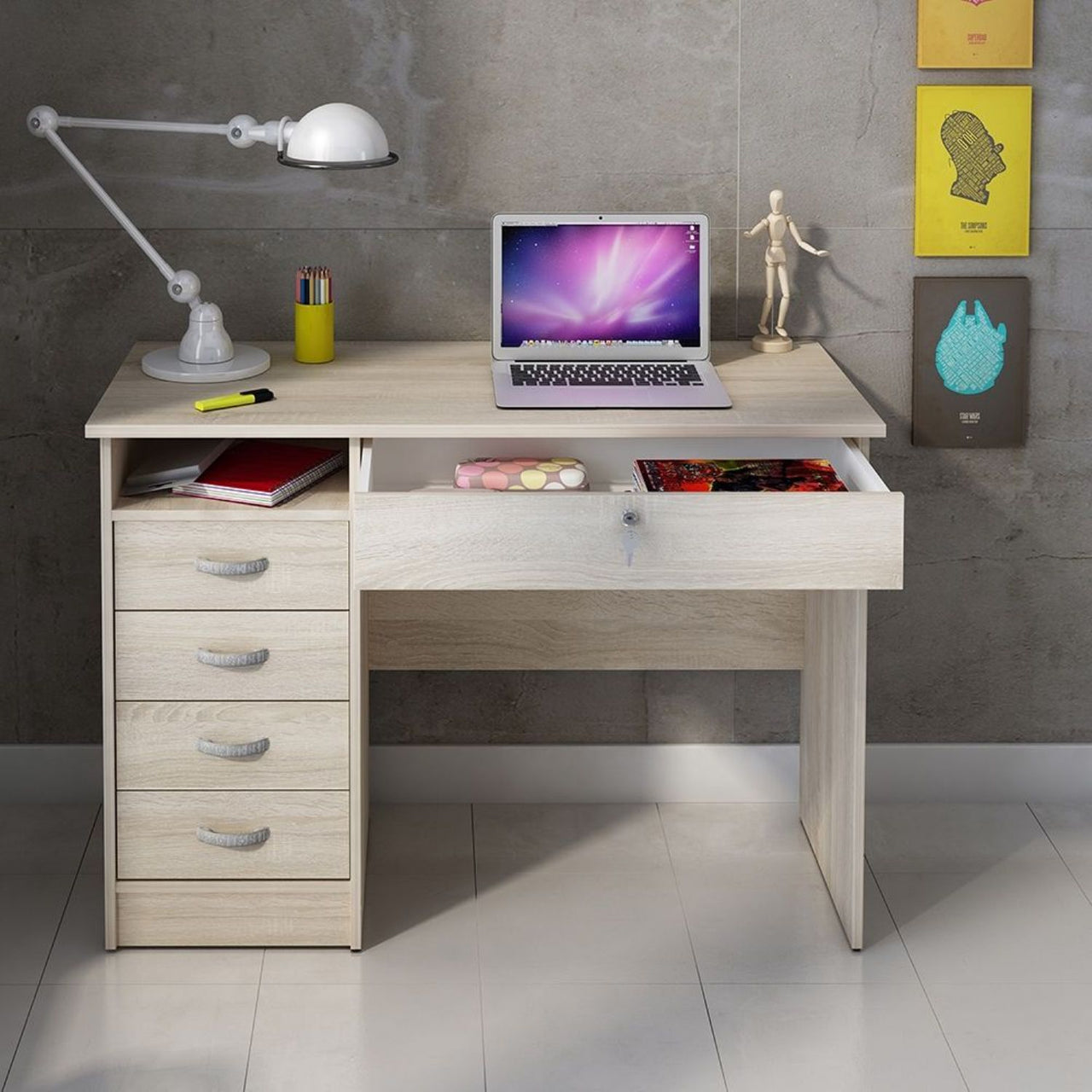 Small Lockable Oak 5 Drawer Office Study Desk With Metal Handles