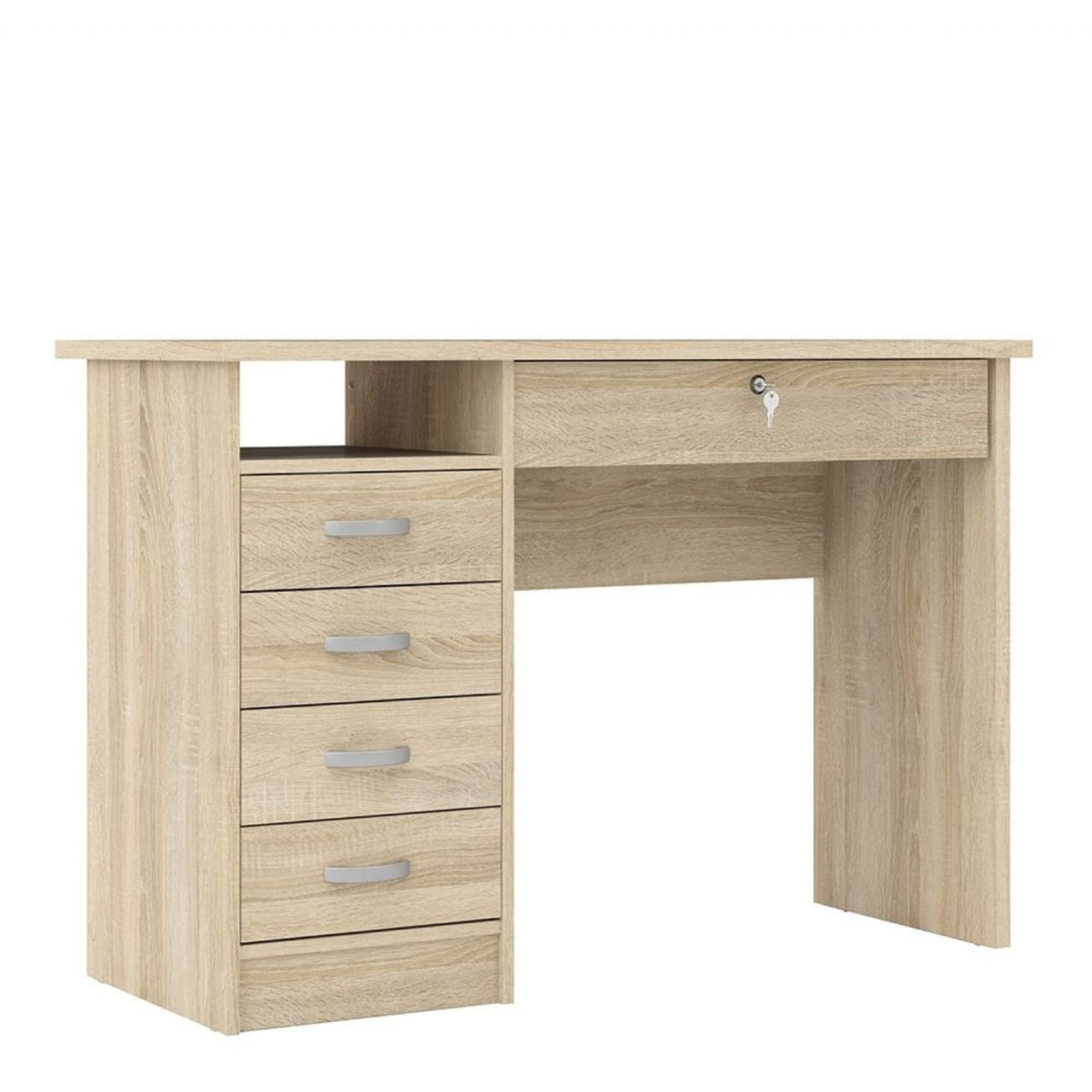 Small Lockable Oak 5 Drawer Office Study Desk With Metal Handles